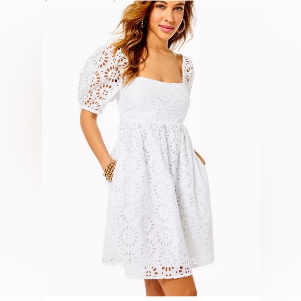 Lilly Pulitzer Kay Puffs Sleeves White Eyelet Dress